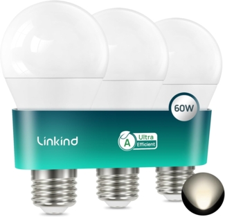 Linkind Ultraeffiziente E27 LED Lampe, 3,8W=60W, 4000K Neutralweiß mit Energieeffizienz-Label-A, Nicht Dimmbar A60 Edison 806 Lm, 220° Abstrahlwinkel, Klasse-A LED Leuchtmittel, Matt, 3 Stück
