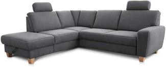 Cavadore Ecksofa Wisconsin mit Bettfunktion / Schlafsofa mit Federkern / Inkl. 2 Kopfstützen + Stauraum / Landhausstil / Holzfüße in Buche / Mikrofaser / Größe: 248 x 88 x 215 cm (BxHxT) / Farbe: Grau