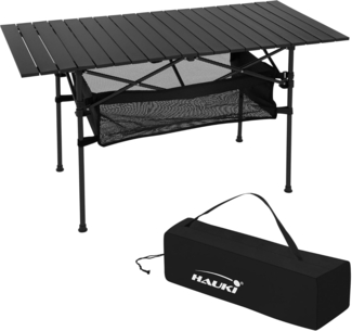 Hauki Campingtisch Klapptisch faltbar aus Aluminium inkl. Tragetasche, Gartentisch 118x55x64,5 cm Schwarz, Aufrollbare Tischplatte, Falttisch