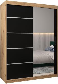 Kryspol Schwebetürenschrank Verona 2-150 cm mit Spiegel Kleiderschrank mit Kleiderstange und Einlegeboden Schlafzimmer- Wohnzimmerschrank Schiebetüren Modern Design (Artisan Eiche + Schwarz)