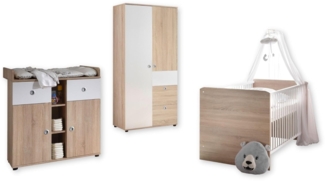 WIKI Babyzimmer Komplett-Set in Eiche Sonoma Optik / Weiß - Babyzimmer Möbel-Set 3-teilig bestehend aus Kleiderschrank, Babybett & Wickelkommode