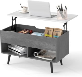 FANTASK Couchtisch mit Anhebbarer Platte, Wohnzimmertisch höhenverstellbar mit anhebbarer Tischplatte & 2 offenen Regalen, Kafeetisch Holz für Wohnzimmer, Büro, 80 x 40 x 44,5-58cm (Grau)