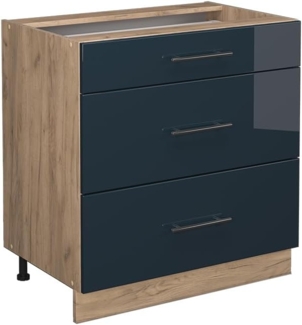 Vicco Küchenschränke Dunkelblau Hochglanz 80 cm mit 3 Schubladen, ohne Arbeitsplatte, Fame-Line