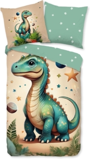 JACK Kinderbettwäsche 135x200cm, Dinosaurier Sterne Grün, Flanell, 2 teilig, mit beeindruckendem Dinosaurier im Sternenstaub