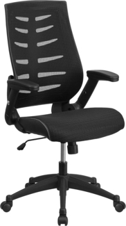 Flash Furniture Designer-Chefsessel, hohe Rückenlehne, Mesh, drehbarer, ergonomischer Bürostuhl mit höhenverstellbaren Klapp-Armlehnen, Metall, Schwarz, 1 Stück