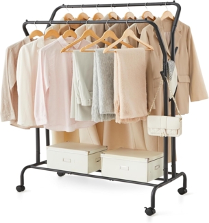 SONGMICS Kleiderständer auf Rollen, 2 Kleiderstangen, Garderobenstange, Garderobenständer aus Stahlrohren, bis 100 kg belastbar, 103,5 cm breit, multifunktionale Aufbewahrung, schwarz HSR107B01