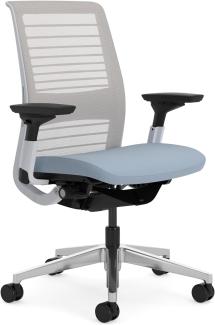 Steelcase Think Ergonomischer, höhenverstellbarer Bürostuhl mit verstellbarer Lordosenstütze und Armlehnen,  atmungsaktiver 3D-Microknit-Rückenlehne in Möwengrau und bequemer Bezug in Blauer Nickel