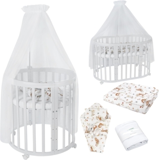 Waldin Oval Baby-Bett Mitwachsend Komplett Set 7in1, Gitterbett, Kinderbett mit Matratze, Wickelkommode, Beistellbett, Holz Weiß, Stoffe Weiß Tiere