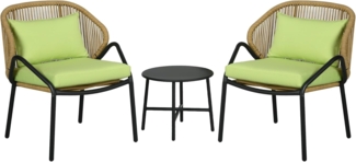 Outsunny 3-teilige Rattan Gartenmöbel-Set, Gartengarnitur mit 2 Gartenstühlen, Beistelltisch, Sitzgruppe mit Sitz- & Rückenkissen, für Balkon, Terrasse, Stahl, Grün