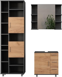 Badmöbel-Set Ilias Anthrazit/Goldkraft Eiche 3 Teile, mit Badschrank 190 cm Vicco