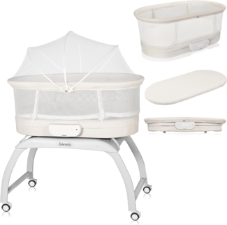 Lionelo Coral 3 IN 1 Kinderbett bis 9 kg, Wiege, Babywaage, 5 Schaukelgeschwindigkeiten, 12 Melodien, 4 Rollen, Ergonomische Matratze, Timer, Fernbedienung, Moskitonetz