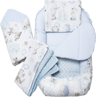 Medi Partners 5 teilig Babynestchen Set Babynest 100 x 60 x 15 herausnehmbarer Einsatz Bett Kuschelnest Krabbeldecke Babys Neugeborene 100% Baumwolle (Hirsch und Igel mit Hellblau Minky)