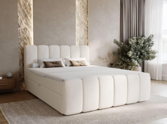 GrainGold Boxspringbett mit Bettkästen CLOUD, Modern Bett mit Kopfteil, 180x200 cm, Beige (1x Bett + 1x Topper)