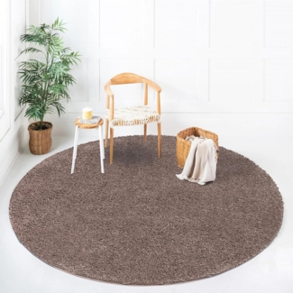 Teppich Rund Hochflor Shaggy - 200x200cm - Braun Einfarbig Uni Flauschig Modern Boho Wohnzimmer Schlafzimmer Deko Teppiche Weich Schlafzimmer