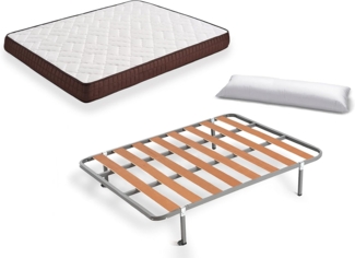 HOGAR24 ES Komplettes Bett, wendbar, Viscobrown, Lattenrost, 4 Beine und Kissen, Faser, 135x190 cm