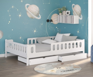 CADANI LARS 2in1 Kinderbett Jugendbett 140x200 cm Weiß, Zwei Schubladen, Rausfallschutz abnehmbar, Zum Juniorbett umbaubar