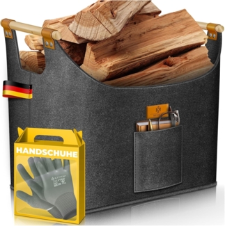 KESSER® Brennholzkorb | Kaminholztasche extra dicker Filz | Feuerholzkorb faltbar mit verstärkten Holzgriffen | Aufbewahrungskorb für Holz, Zeitung oder Brennholz | Inkl. Arbeitshandschuhen Anthrazit, 60 Liter