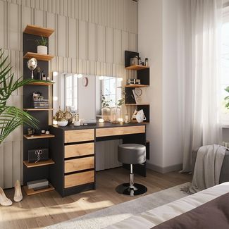 Schminktisch Sherry Anthrazit/Goldkraft Eiche 120 x 75 cm mit LED-Beleuchtung und Hocker Vicco