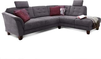 Cavadore Ecksofa Trond mit Ottomane rechts / Federkern-Sofa im Landhausstil mit 2 Kopfstützen und Vorziehsitz mit Bettkasten / 260 x 89 x 214 / Webstoff grau