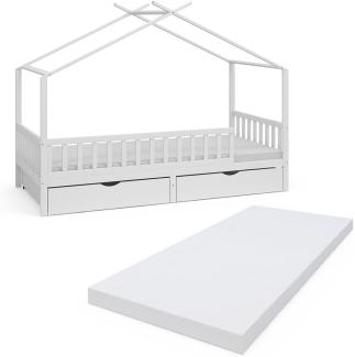 Vicco Kinderbett Bettenhaus Einzelbett Franka Weiß 200 x 90 cm Matratze modern Kinderzimmer Bett Bettschublade Lattenrost Rausfallschutz