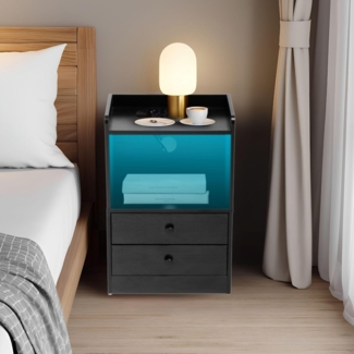 FurnitureR LED Nachttisch, 38 x 26.5 x 56 cm, Schwarze Holzmaserung, 2 Schubladen, 16 Farben LED-Beleuchtung, 2 Ladestecker und 2 USB-Buchsen, für Schlafzimmer, Wohnzimmer, Arbeitszimmer