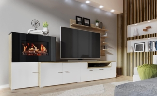 Skraut Home- Wohnmöbel mit elektrischem Kamin mit 5 Flammenstufen, mattweißer Oberfläche und gebürsteter Heller Eiche, 290 x 170 x 45 cm