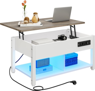 YITAHOME Couchtisch mit Anhebbarer Platte, Leicht Anzuheben, 2-Stufiger Stauraum, Höhenverstellbarer Couchtisch mit Verstecktem Staufach und LED Beleuchtung für Wohnzimmer, Büro, Weiß&Grau