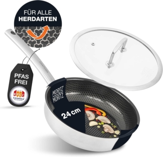 Moritz & Moritz Wok mit Deckel 24cm gerader Rand, 304 Edelstahl (Bratpfanne & Deckel Set)