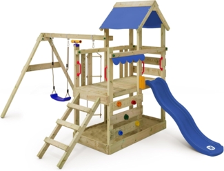 WICKEY 'TurboFlyer' Klettergerüst, mit Schaukel & blauer Rutsche, Kletterturm mit Sandkasten, Leiter & Spiel-Zubehör