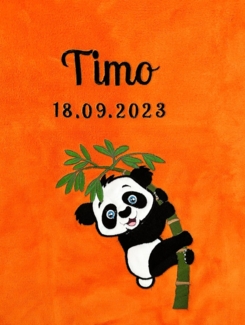 KIDDI-MEDIA Babydecke mit Name und Geburtsdatum Bestickt/kuschelig weich / 1A Qualität (Orange - Pandabär)