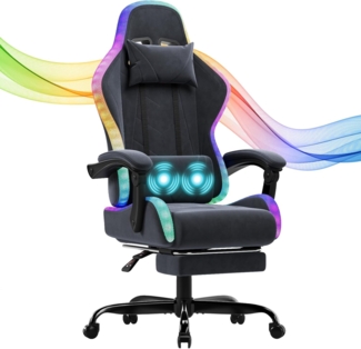 JUMMICO Gaming Stuhl Stoff mit LED, Bürostuhl Ergonomisch mit Massage-Lendenwirbel und Fußstütze, 90°-135° Gaming Sessel mit Kopfstütze und Massage-Lendenwirbelstütze, 150 kg, Lichtgrau