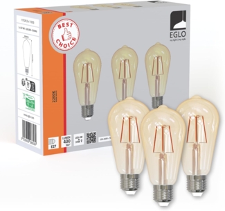 EGLO Set aus 3 E27 Filament LED Lampen, Edison Vintage Glühbirne amber, 4 Watt (entspricht 40 Watt), Leuchtmittel warmweiß, 2200 K, Retro Glühlampe ST64, Ø 6,4 cm