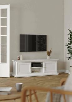 Dmora - Fernsehschrank Flavienne, Ständer für Wohnzimmerfernseher, Niedriges Wohnzimmer-Sideboard, TV-Ständerbasis, 149x42 h51 cm, Weiß