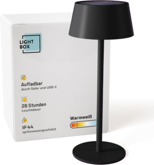 Lightbox LED Außen Tischlampe | kabellose mobile Outdoor Lampe mit Solar | 3 Stufen Touch | dimmbar | Akku-betriebene Tischleuchte (300 lm, 3000 K) | aus Metall & Kunststoff in Schwarz | Balkon Deko