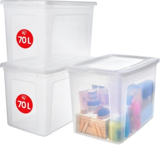 Iris Ohyama Vielseitige Aufbewahrungsboxen, 70L, 3er-Set, Transparent, Deckel leicht schließbar, Stapelbar, Plastik, Für Schrank, Regale, Klassenzimmer, Organisation, Kunstbedarf, Schuhe, MCB-70
