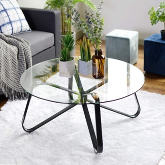 FurnitureR Couchtisch, Wohnzimmertisch, Glas Couchtisch, Runder Sofatisch, Couchtisch für Couch, Schlafzimmer, Stabiles Metallgestell, Schwarz + Transparent, 80 × 80 × 40 cm