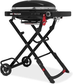 Weber Traveler Compact Gasgrill/Tragbares klappbares Design mit Rädern, Automatische Deckelarretierung und Deckelthermometer, 1 Brenner, 81 cm breit, 52x36 cm Grillfläche, Schwarz