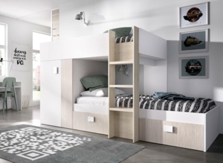 Dmora - Schlafzimmer Cevedale, Komplettes Schlafzimmer, Etagenbettkomposition mit Zwei Einzelbetten, 271 x 111 x 150 cm, Weiß und Eiche