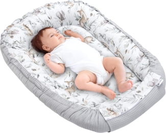 Medi Partners Babynest Kuschelnest Babynestchen 100% Baumwolle Waffle Nestchen Reisebett für Babys Säuglinge 100 x 60 x 15 cm Sicherer Verschluss (Hirsch in Blättern mit grauem Waffle)