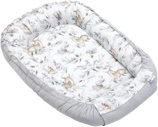 Medi Partners Babynest Kuschelnest Babynestchen 100% Baumwolle Waffle Nestchen Reisebett für Babys Säuglinge 100 x 60 x 15 cm Sicherer Verschluss (Hirsch in Blättern mit grauem Waffle)