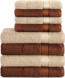 Komfortec 8er Handtuch Set aus 100% Baumwolle, 4 Badetücher 70x140 und 4 Handtücher 50x100 cm, Frottee, Weich, Towel Groß, Braun/Beige