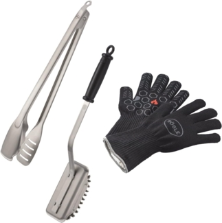 RÖSLE Barbecue Premium-Set 3-tlg, Hochwertiges Grillset mit Premium Grillhandschuhen, BBQ-Grillzange und Reinigungsbürste SlideX, Edelstahl, Silberfarben /Schwarz