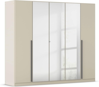 rauch Kleiderschrank Alba, Drehtürenschrank, Garderobenschrank, 5-türig, mit Spiegel, mit 4 Kleiderstangen, 5 Einlegeböden und Schubladeneinsatz, Farbe Champagner, Beige, Griffstange Grau metallic, Schwarz, 226x197x54cm