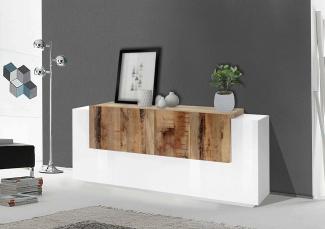 Dmora - Kommode Gennaro, Küchen-Sideboard mit 7 Türen, Wohnzimmer-Buffet, Küchen-Sideboard, 100 % Made in Italy, 200 x 45 x 86 cm, glänzendes Weiß und Ahorn