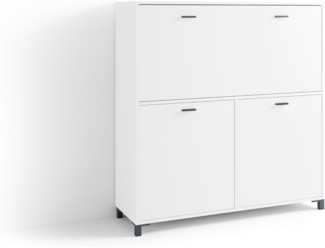 byLIVING Sekretär Montana/Sekretär matt weiß/Office-Schrank mit 1 Klappe und 2 Türen/Schwarze Griffe/B 120, H 127, T 40 cm