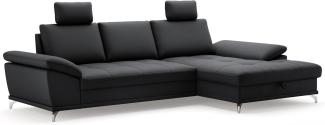 Cavadore Ecksofa Castiel mit Federkern / Eckcouch mit XL-Longchair, Bett, Bettkasten, Sitztiefenverstellung, Kopfstützen und mattschwarzen Metallfüßen / 301x89-114x176 / Echtleder, Schwarz