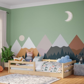 Bellabino Iskri Bodenbett 120x200 cm – Montessori Kinderbett mit Rausfallschutz & Lattenrost – Holzbett für Jungen & Mädchen aus Kiefer Massivholz in Natur – Kleinkindbett