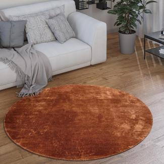 Paco Home Waschbarer Teppich Rund Wohnzimmer Kurzflor rutschfest Modern Flauschig Einfarbiges Muster, Grösse:120 cm Rund, Farbe:Kupfer