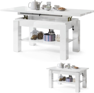 Couchtisch Kaffetisch Wohnzimmertisch Astra mit Brett Höhenverstellbar Weiß Betonoptik Sonoma Eiche Matt Hochglanz 05 (WEIß Hochglanz)