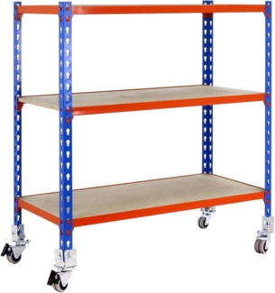 Simon Rack Schwerlastregal mit Rollen, 975 x 1000 x 300 mm, Bis 75 kg Belastbar, 3 Verstellbare Ablagen, MDF-Platten, Kellerregal, Lagerregal, Blau/Orange/Holz - Maderclick